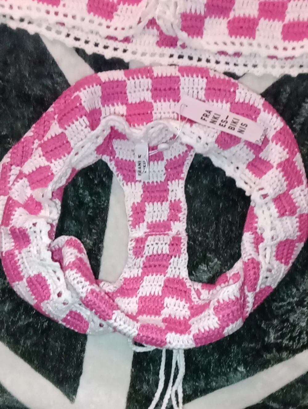 Frankie’s Bikinis NWT SET Pink Checkers Crochet Bikini Ingred Top